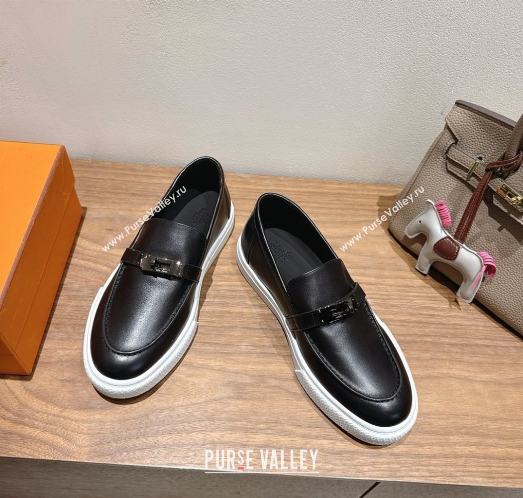 Hermes Game Smooth Calfskin Slip-on Sneakers with Kelly Buckle Black 2025 H082007 (XC-250820066)