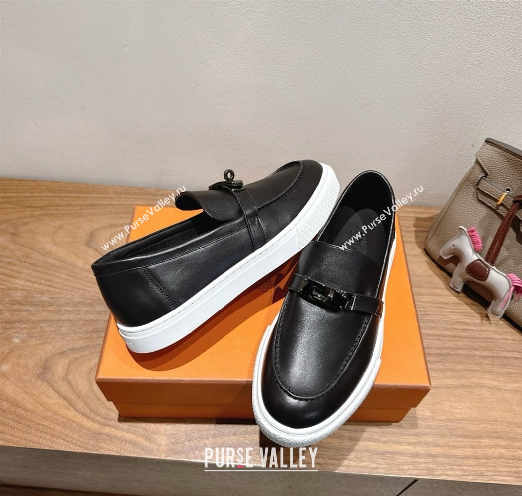 Hermes Game Smooth Calfskin Slip-on Sneakers with Kelly Buckle Black 2025 H082007 (XC-250820066)