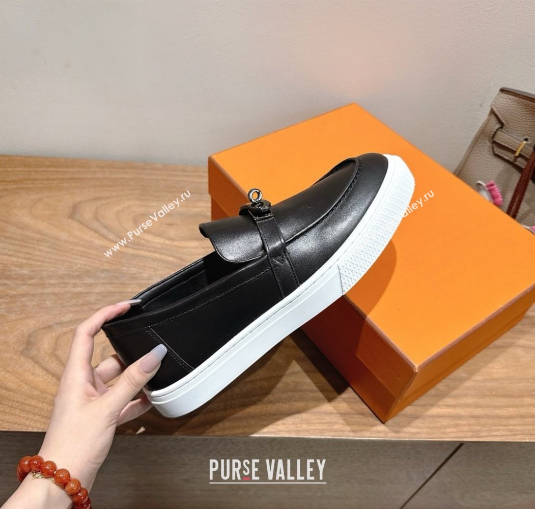 Hermes Game Smooth Calfskin Slip-on Sneakers with Kelly Buckle Black 2025 H082007 (XC-250820066)