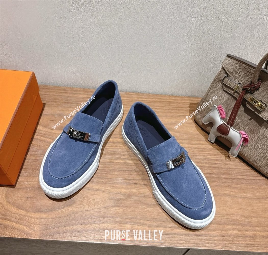 Hermes Game Suede Slip-on Sneakers with Kelly Buckle Blue 2025 H082007 (XC-250820068)