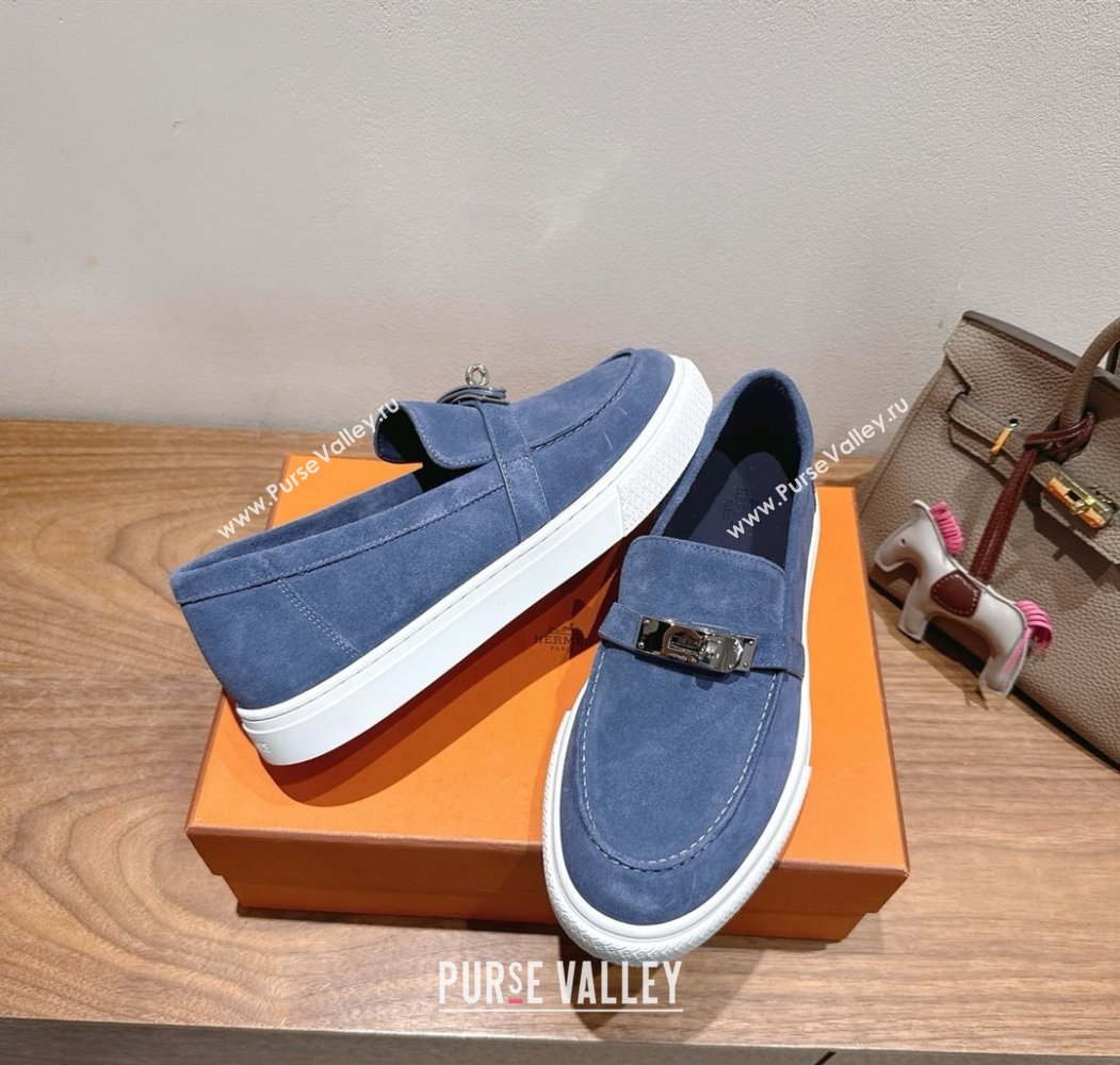 Hermes Game Suede Slip-on Sneakers with Kelly Buckle Blue 2025 H082007 (XC-250820068)