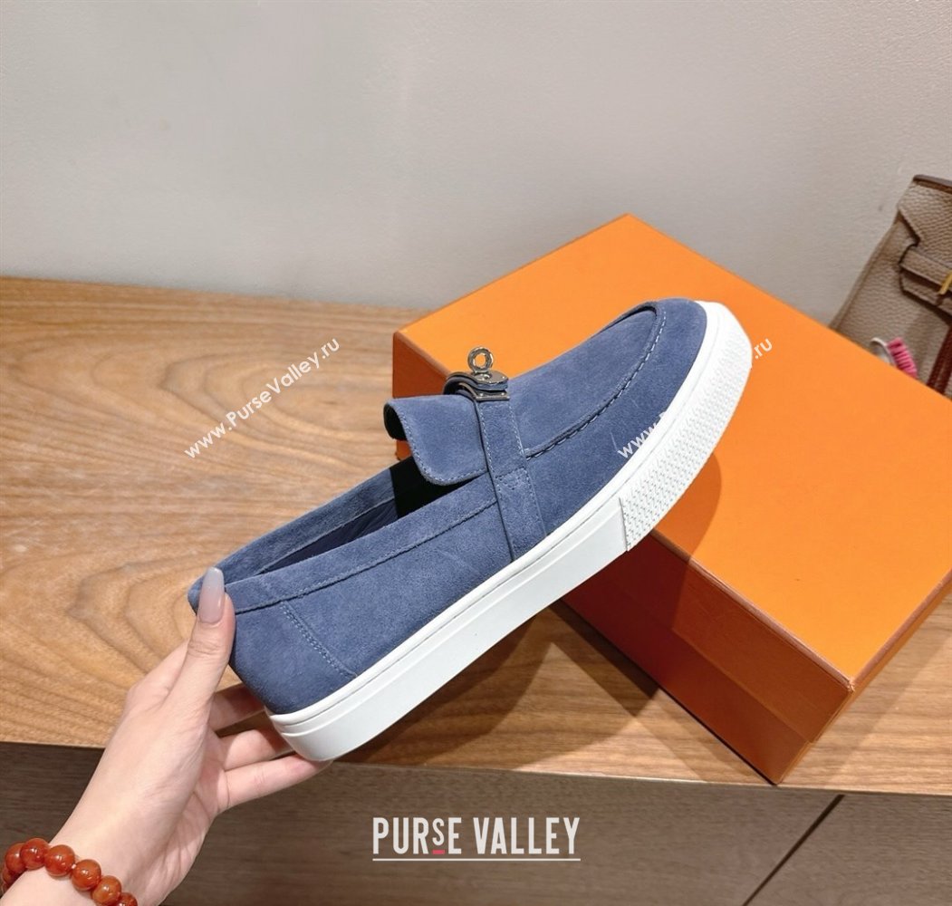 Hermes Game Suede Slip-on Sneakers with Kelly Buckle Blue 2025 H082007 (XC-250820068)