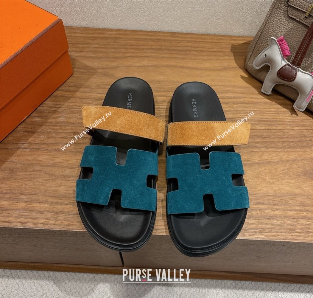 Hermes Chypre Slide Sandals in Suede Blue/Brown 2025 H082008 (XC-250820069)