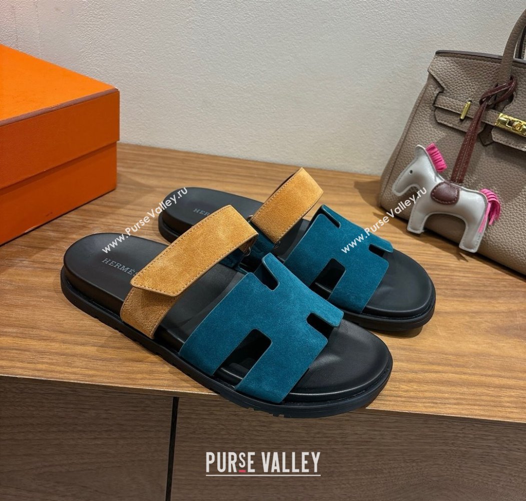 Hermes Chypre Slide Sandals in Suede Blue/Brown 2025 H082008 (XC-250820069)