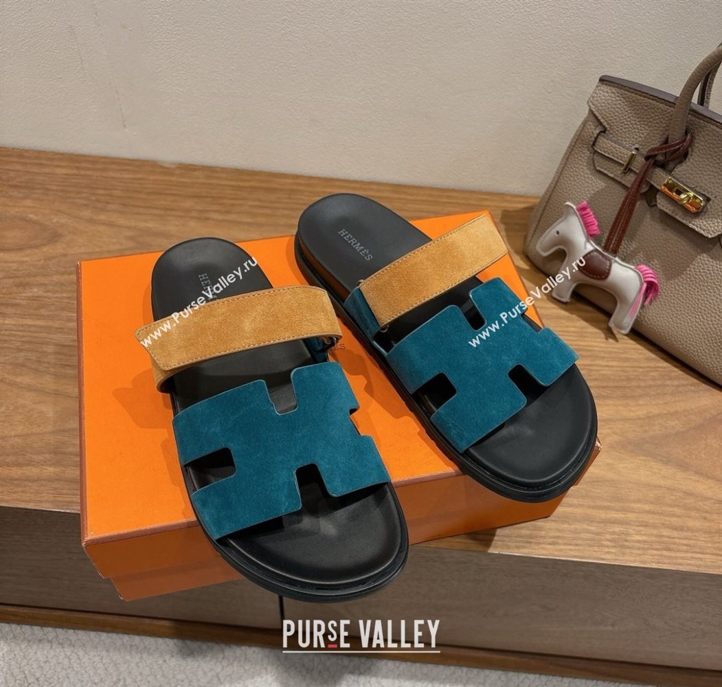 Hermes Chypre Slide Sandals in Suede Blue/Brown 2025 H082008 (XC-250820069)