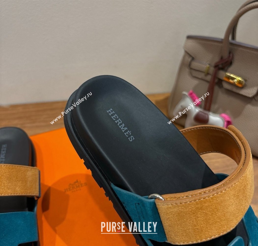 Hermes Chypre Slide Sandals in Suede Blue/Brown 2025 H082008 (XC-250820069)
