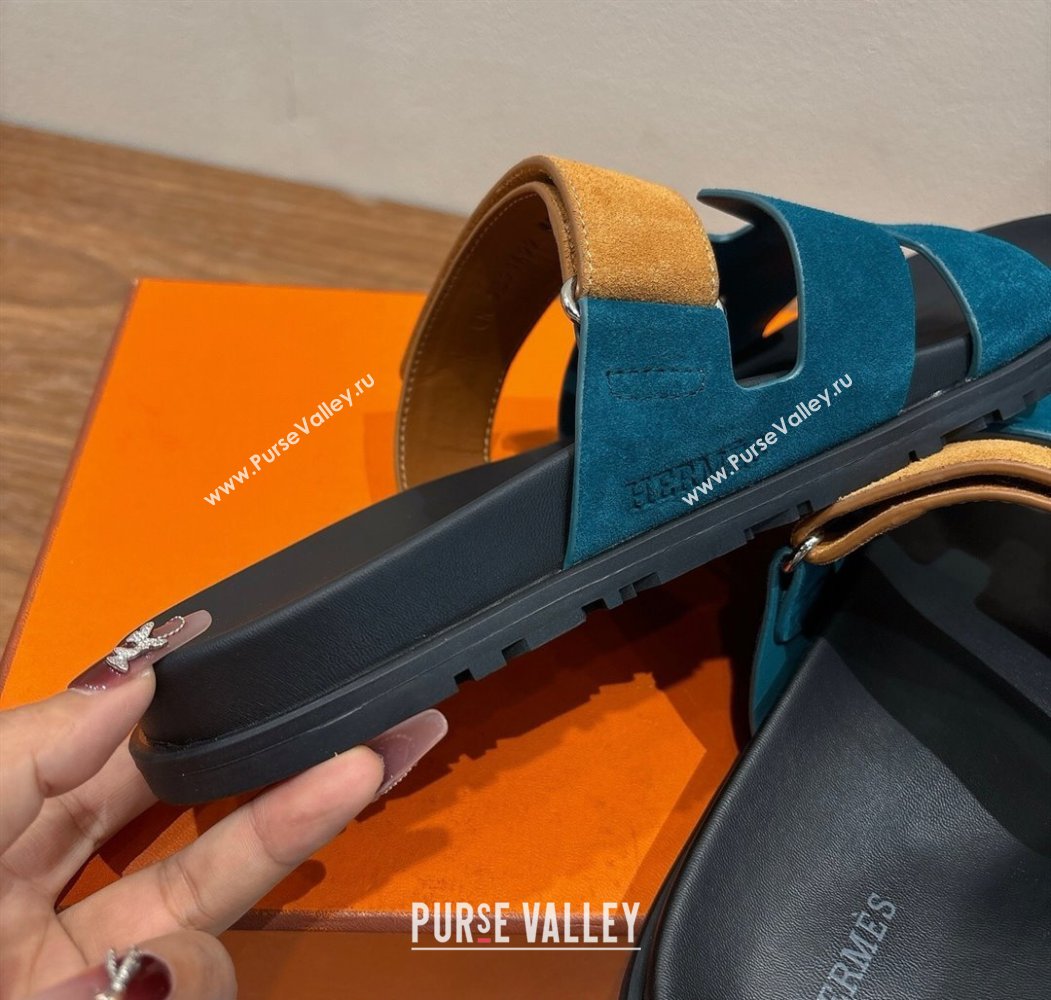 Hermes Chypre Slide Sandals in Suede Blue/Brown 2025 H082008 (XC-250820069)