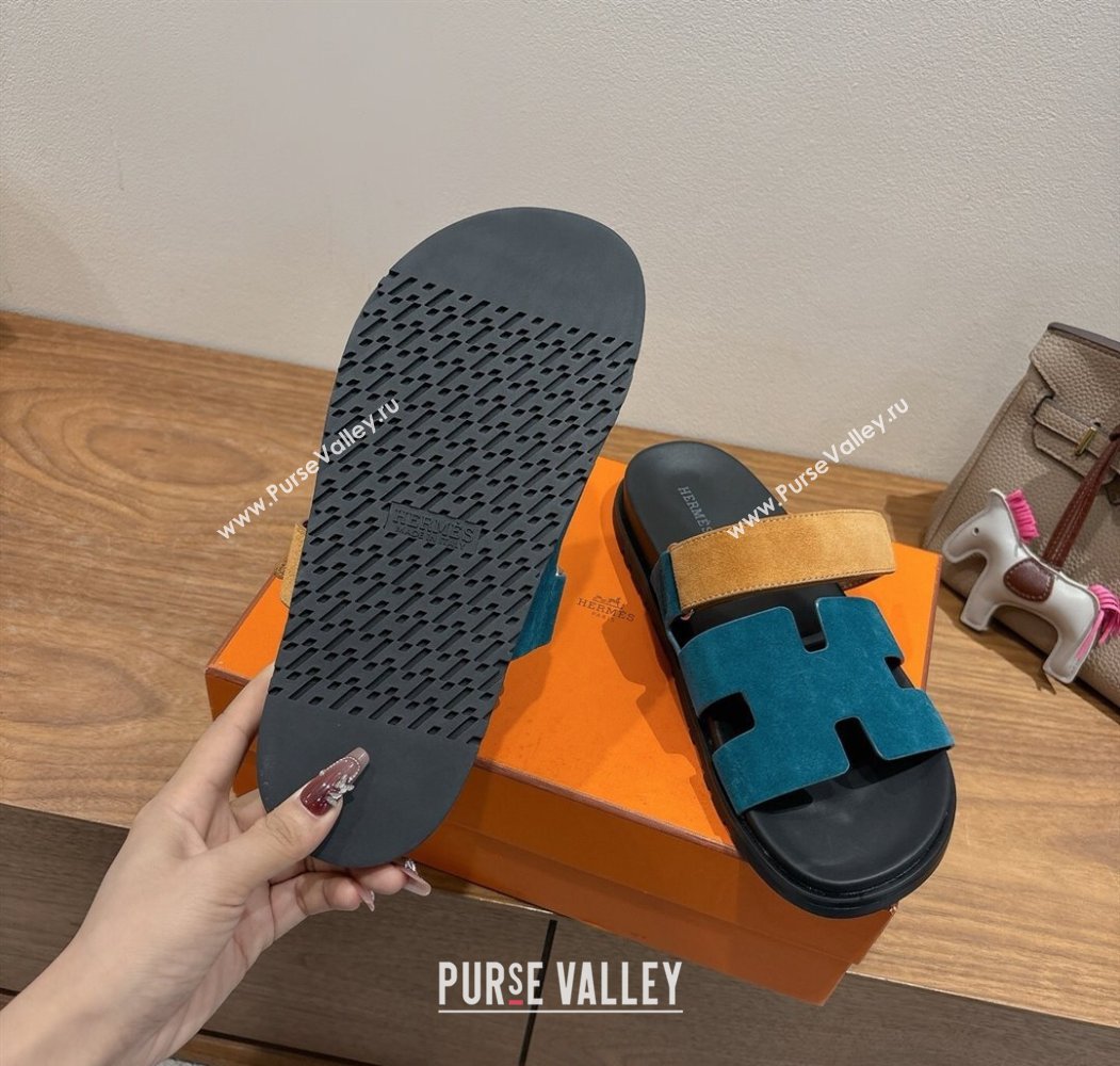 Hermes Chypre Slide Sandals in Suede Blue/Brown 2025 H082008 (XC-250820069)
