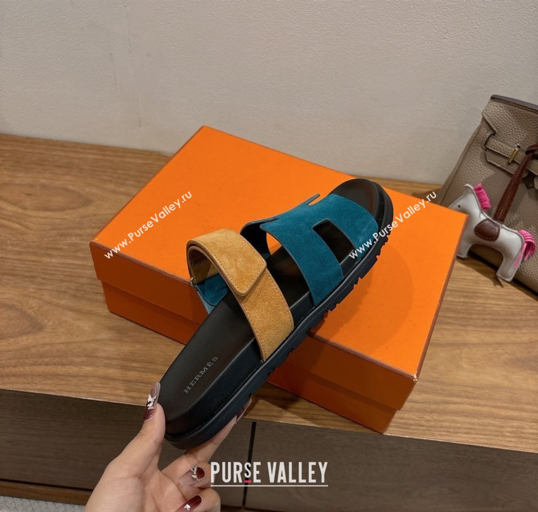 Hermes Chypre Slide Sandals in Suede Blue/Brown 2025 H082008 (XC-250820069)