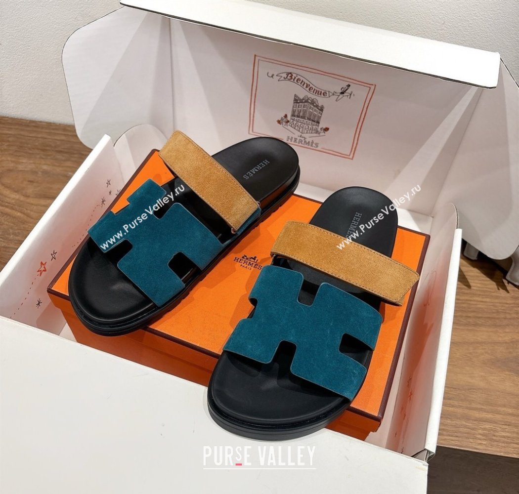 Hermes Chypre Slide Sandals in Suede Blue/Brown 2025 H082008 (XC-250820069)