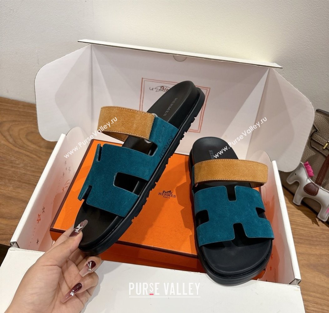 Hermes Chypre Slide Sandals in Suede Blue/Brown 2025 H082008 (XC-250820069)