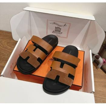 Hermes Chypre Slide Sandals in Calfskin and Suede Dark/Brown 2025 H082008 (XC-250820070)