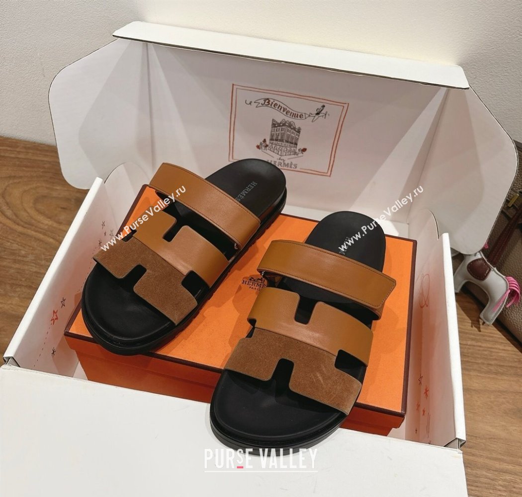 Hermes Chypre Slide Sandals in Calfskin and Suede Dark/Brown 2025 H082008 (XC-250820070)