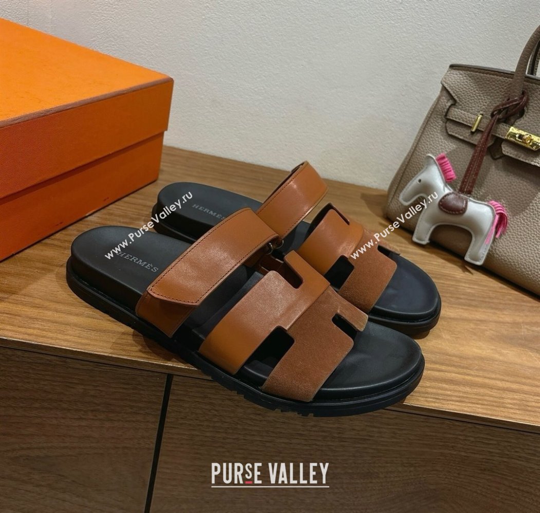 Hermes Chypre Slide Sandals in Calfskin and Suede Dark/Brown 2025 H082008 (XC-250820070)