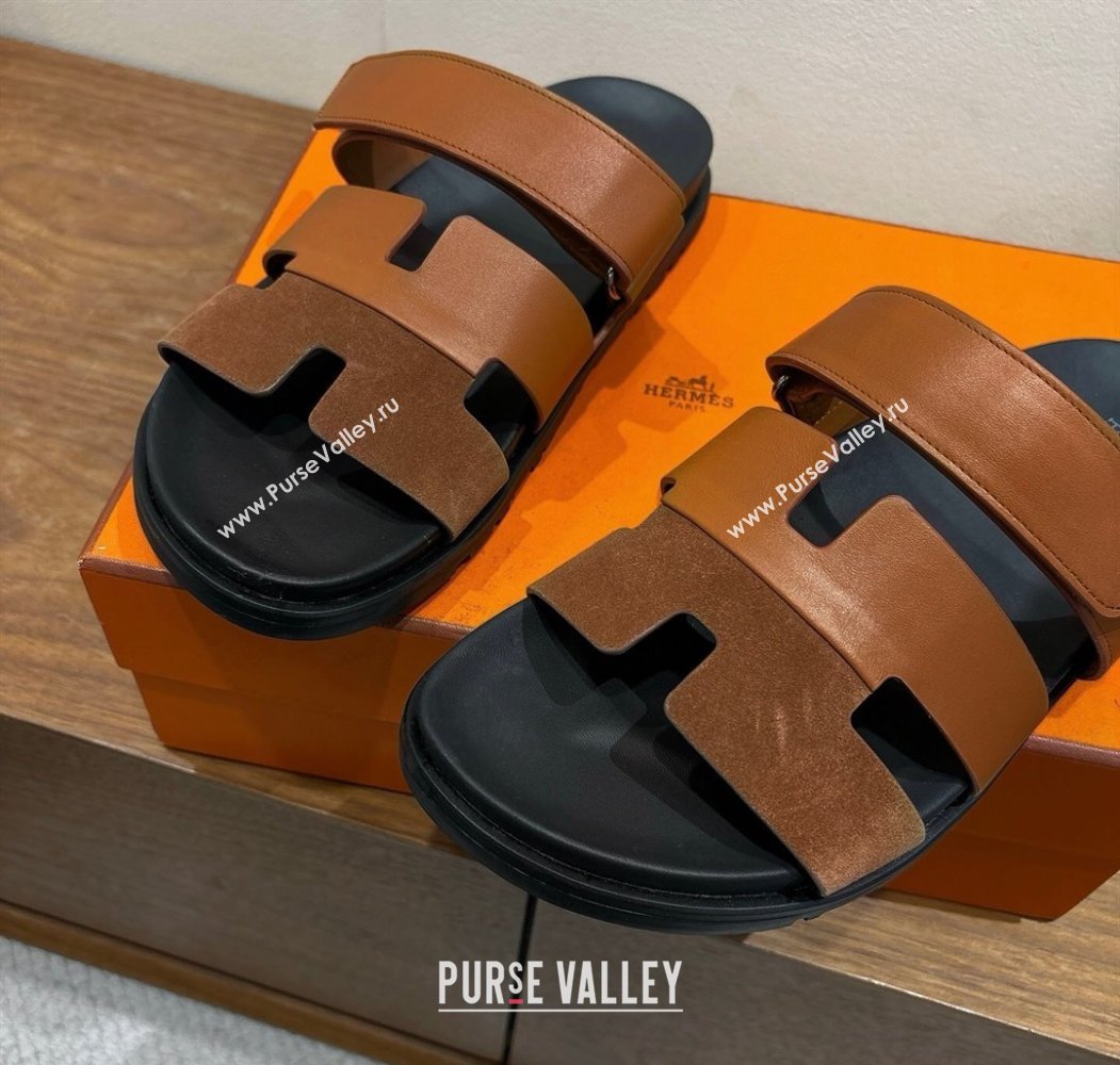 Hermes Chypre Slide Sandals in Calfskin and Suede Dark/Brown 2025 H082008 (XC-250820070)