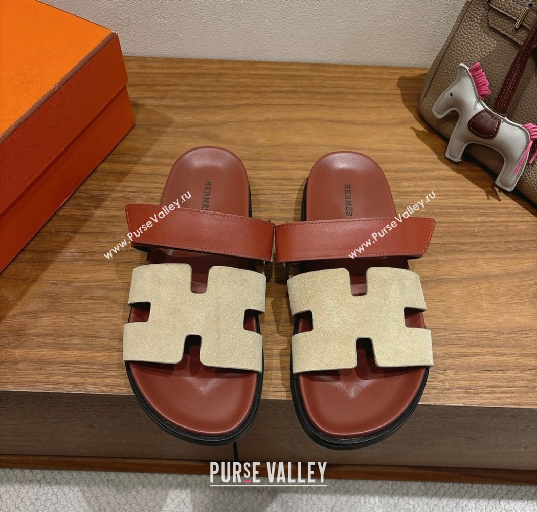 Hermes Chypre Slide Sandals in Calfskin and Suede Grey/Brown 2025 H082008 (XC-250820071)