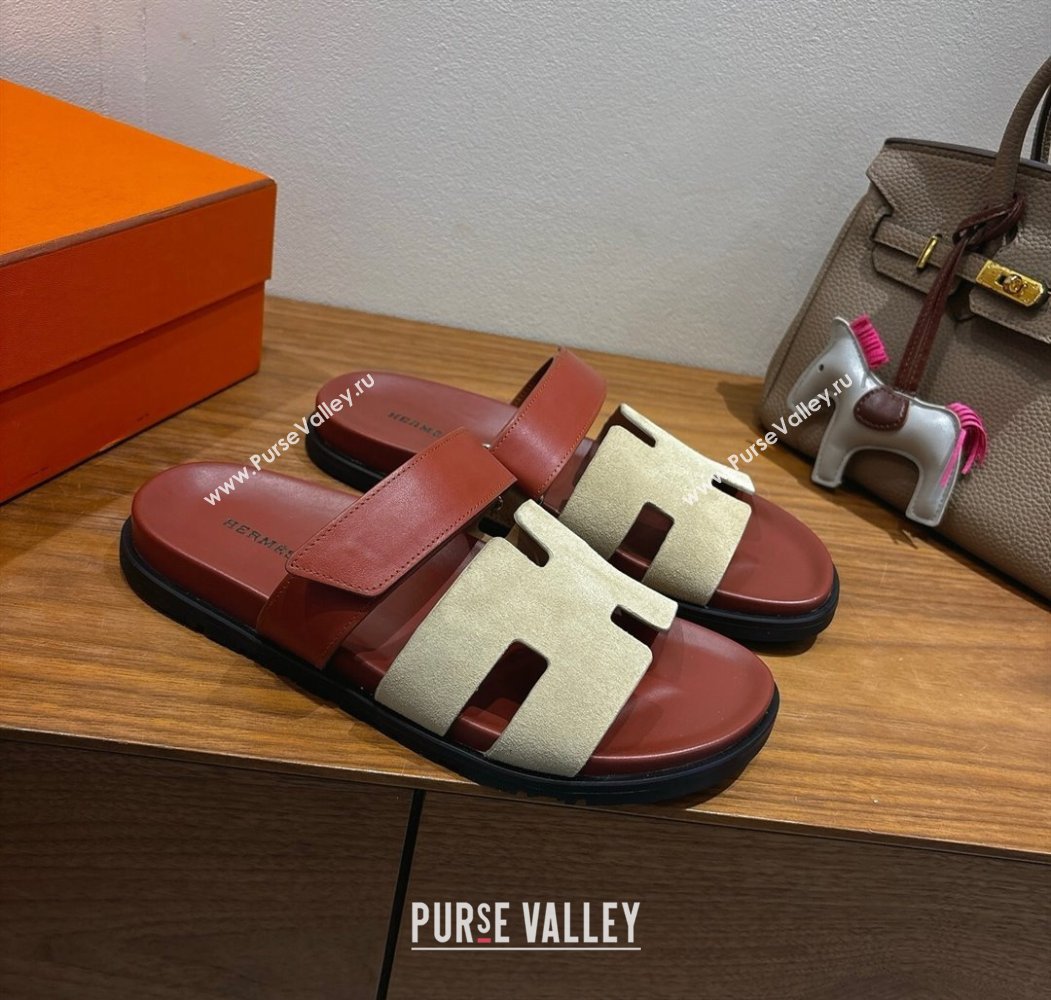 Hermes Chypre Slide Sandals in Calfskin and Suede Grey/Brown 2025 H082008 (XC-250820071)
