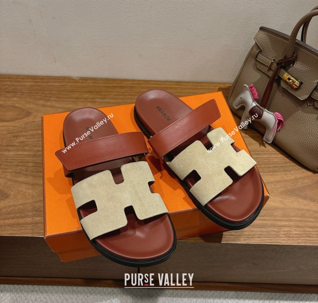 Hermes Chypre Slide Sandals in Calfskin and Suede Grey/Brown 2025 H082008 (XC-250820071)
