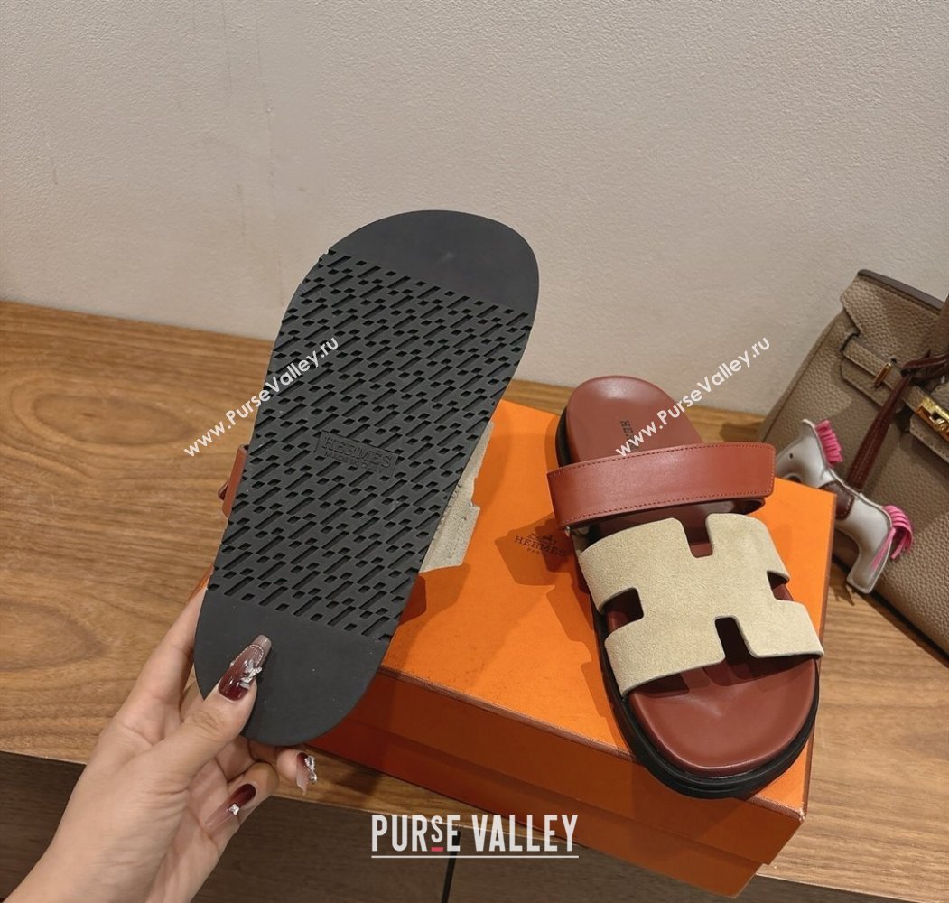 Hermes Chypre Slide Sandals in Calfskin and Suede Grey/Brown 2025 H082008 (XC-250820071)
