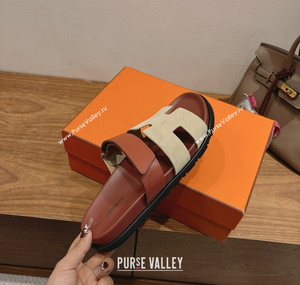 Hermes Chypre Slide Sandals in Calfskin and Suede Grey/Brown 2025 H082008 (XC-250820071)