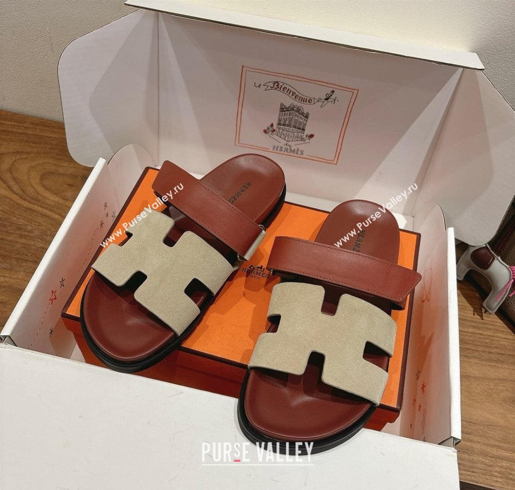 Hermes Chypre Slide Sandals in Calfskin and Suede Grey/Brown 2025 H082008 (XC-250820071)
