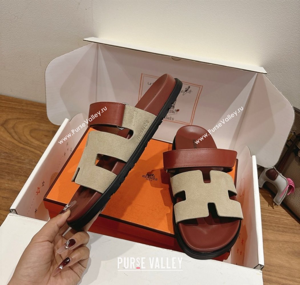 Hermes Chypre Slide Sandals in Calfskin and Suede Grey/Brown 2025 H082008 (XC-250820071)