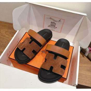 Hermes Chypre Slide Sandals in Calfskin Suede Tan/Brown 2025 H082008 (XC-250820072)