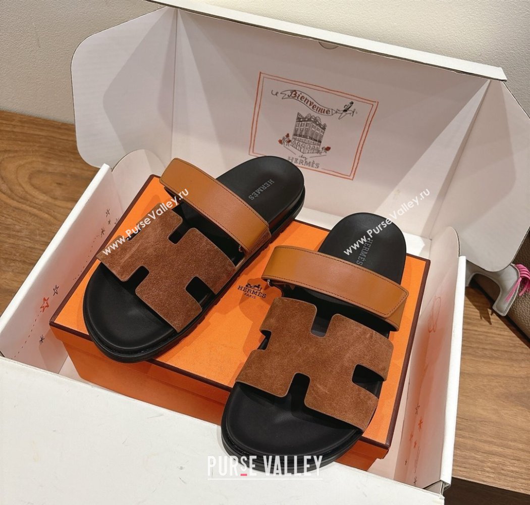 Hermes Chypre Slide Sandals in Calfskin Suede Tan/Brown 2025 H082008 (XC-250820072)