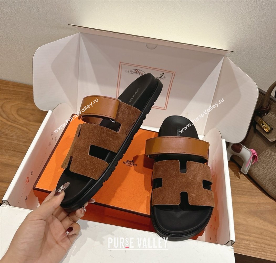 Hermes Chypre Slide Sandals in Calfskin Suede Tan/Brown 2025 H082008 (XC-250820072)
