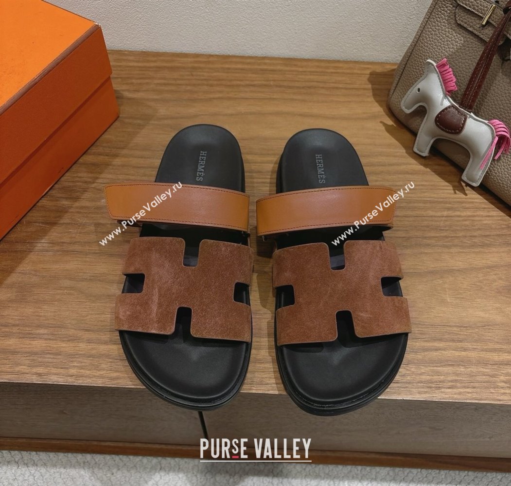 Hermes Chypre Slide Sandals in Calfskin Suede Tan/Brown 2025 H082008 (XC-250820072)