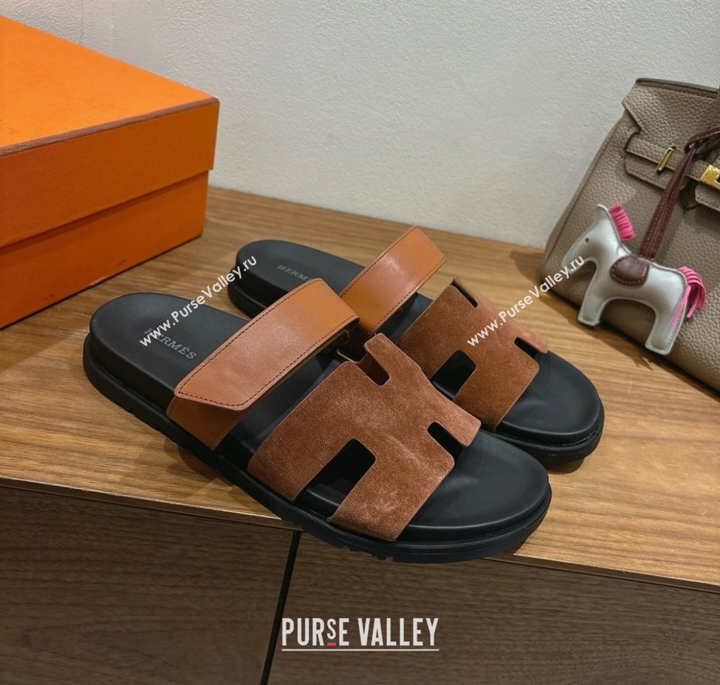 Hermes Chypre Slide Sandals in Calfskin Suede Tan/Brown 2025 H082008 (XC-250820072)