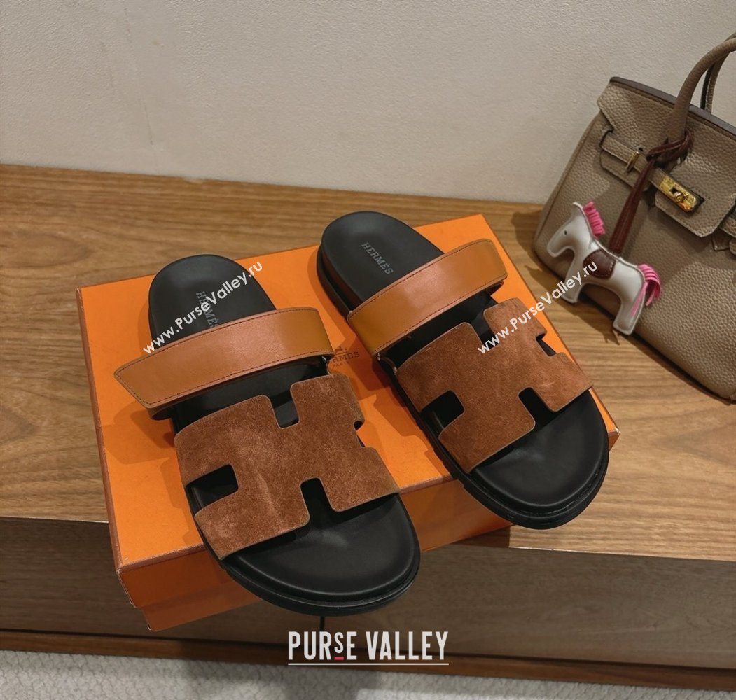 Hermes Chypre Slide Sandals in Calfskin Suede Tan/Brown 2025 H082008 (XC-250820072)