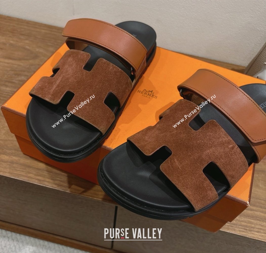 Hermes Chypre Slide Sandals in Calfskin Suede Tan/Brown 2025 H082008 (XC-250820072)