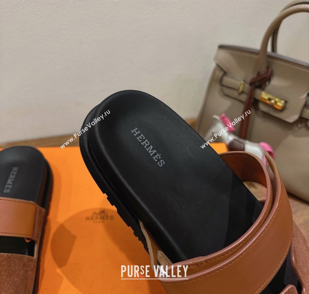 Hermes Chypre Slide Sandals in Calfskin Suede Tan/Brown 2025 H082008 (XC-250820072)