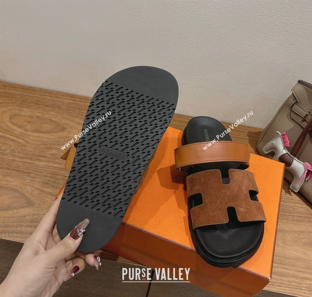 Hermes Chypre Slide Sandals in Calfskin Suede Tan/Brown 2025 H082008 (XC-250820072)
