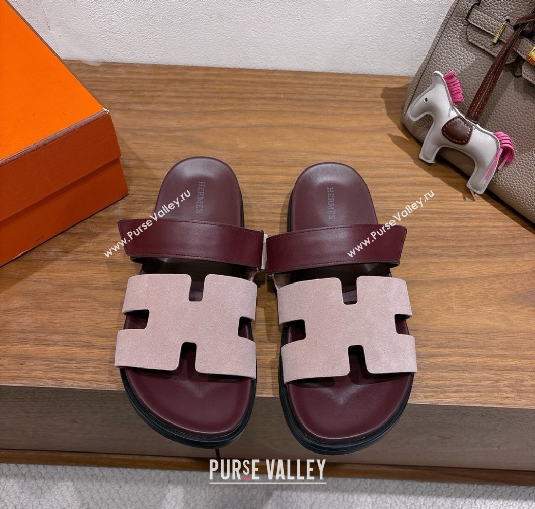 Hermes Chypre Slide Sandals in Calfskin and Suede Pink/Burgundy 2025 H082008 (XC-250820073)