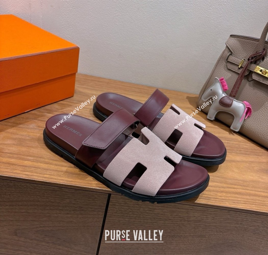 Hermes Chypre Slide Sandals in Calfskin and Suede Pink/Burgundy 2025 H082008 (XC-250820073)