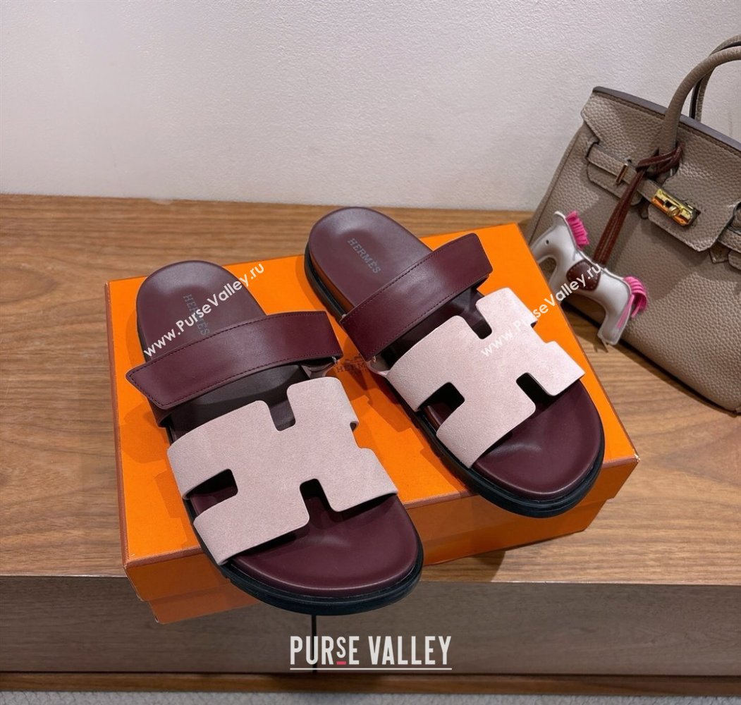 Hermes Chypre Slide Sandals in Calfskin and Suede Pink/Burgundy 2025 H082008 (XC-250820073)