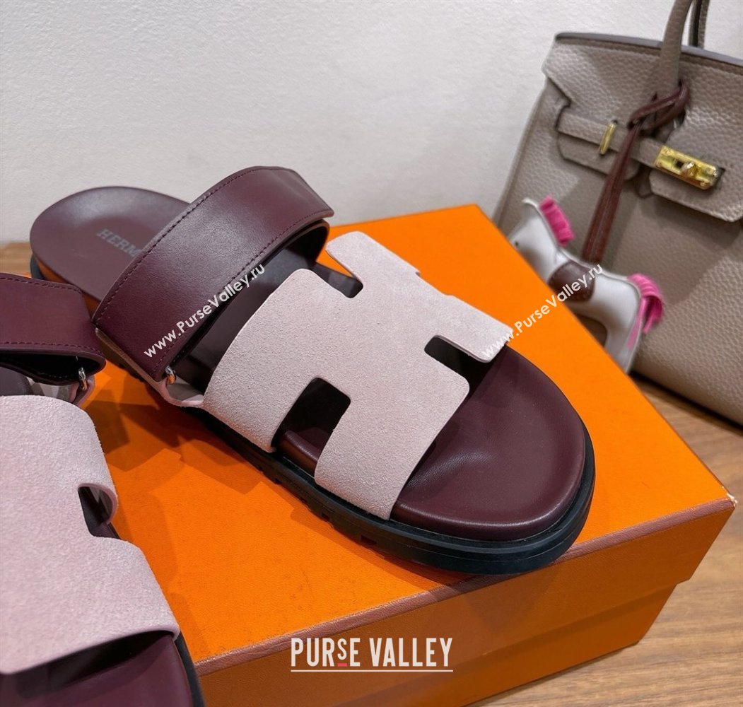 Hermes Chypre Slide Sandals in Calfskin and Suede Pink/Burgundy 2025 H082008 (XC-250820073)