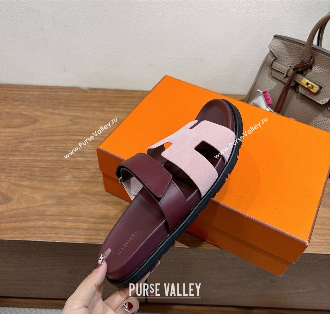 Hermes Chypre Slide Sandals in Calfskin and Suede Pink/Burgundy 2025 H082008 (XC-250820073)