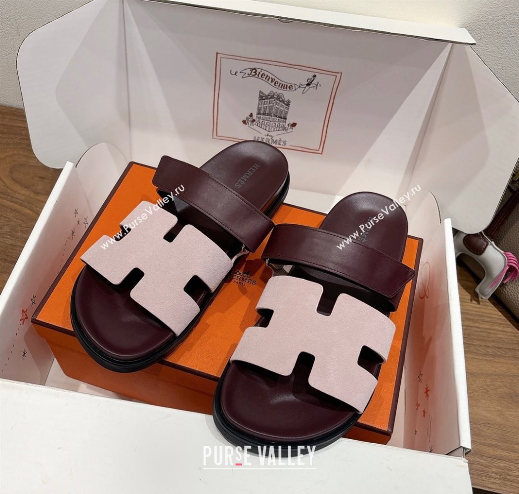 Hermes Chypre Slide Sandals in Calfskin and Suede Pink/Burgundy 2025 H082008 (XC-250820073)
