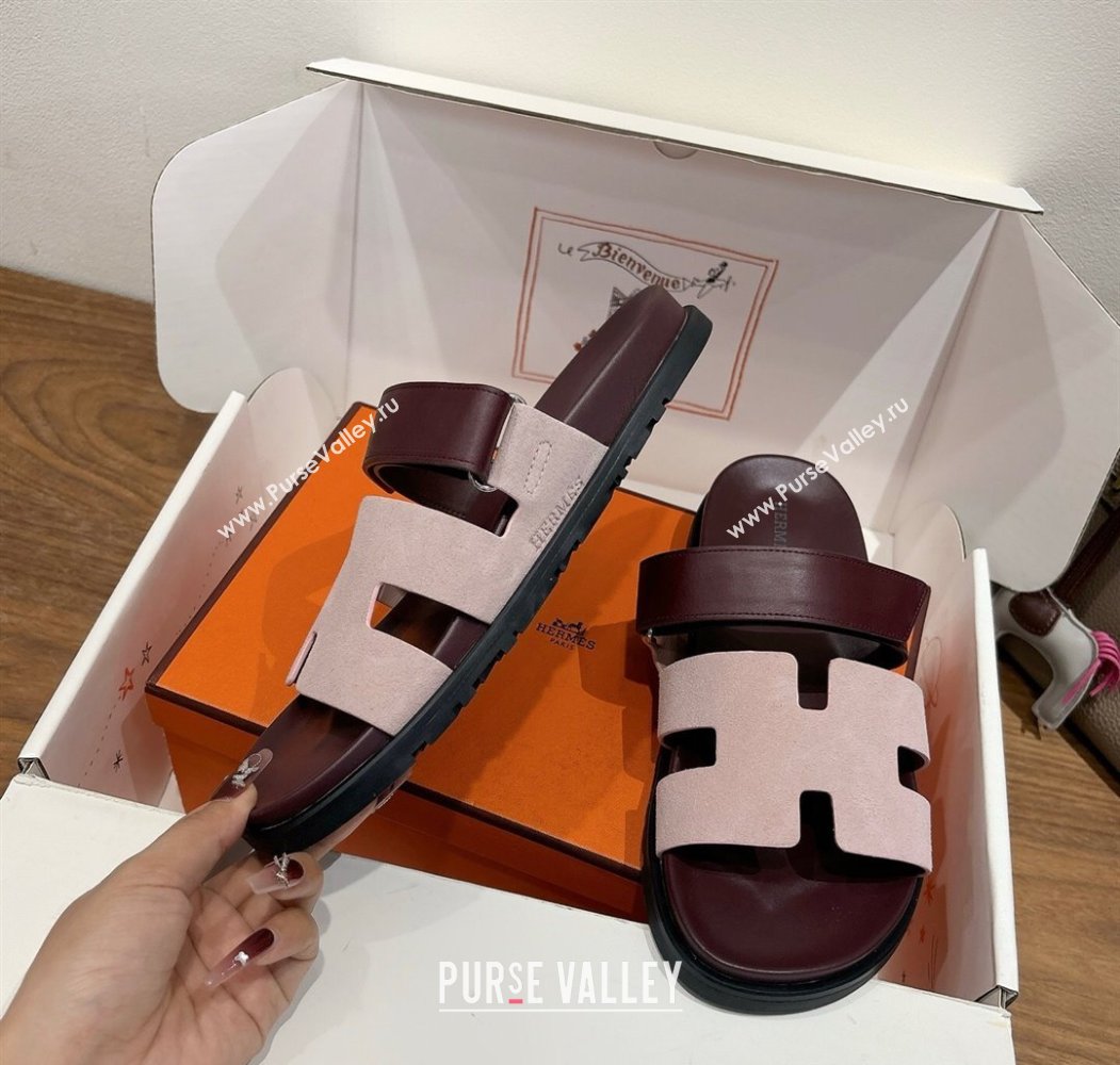 Hermes Chypre Slide Sandals in Calfskin and Suede Pink/Burgundy 2025 H082008 (XC-250820073)
