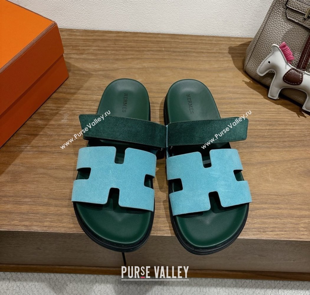 Hermes Chypre Slide Sandals in Suede Blue/Green 2025 H082008 (XC-250820075)