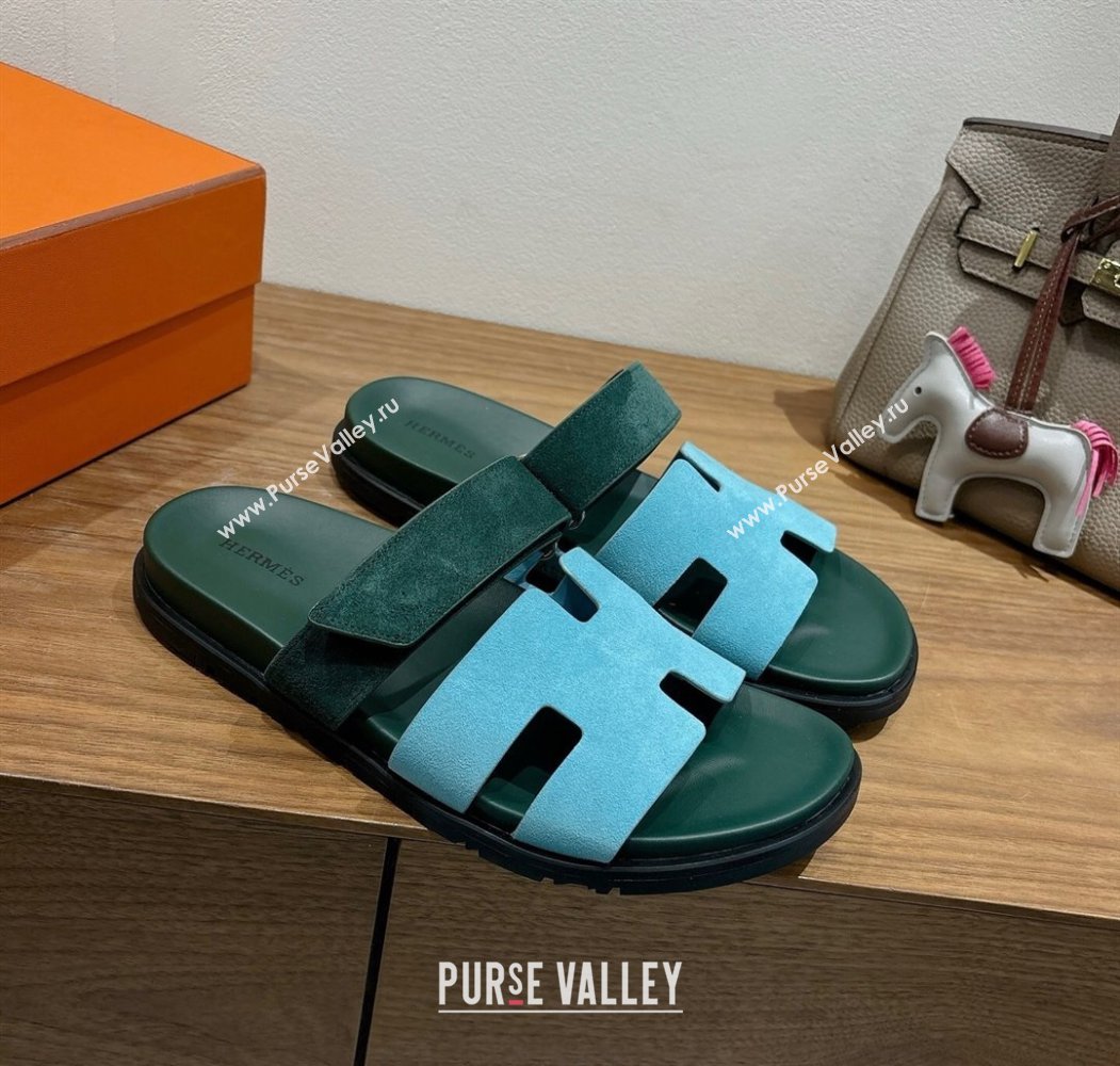 Hermes Chypre Slide Sandals in Suede Blue/Green 2025 H082008 (XC-250820075)