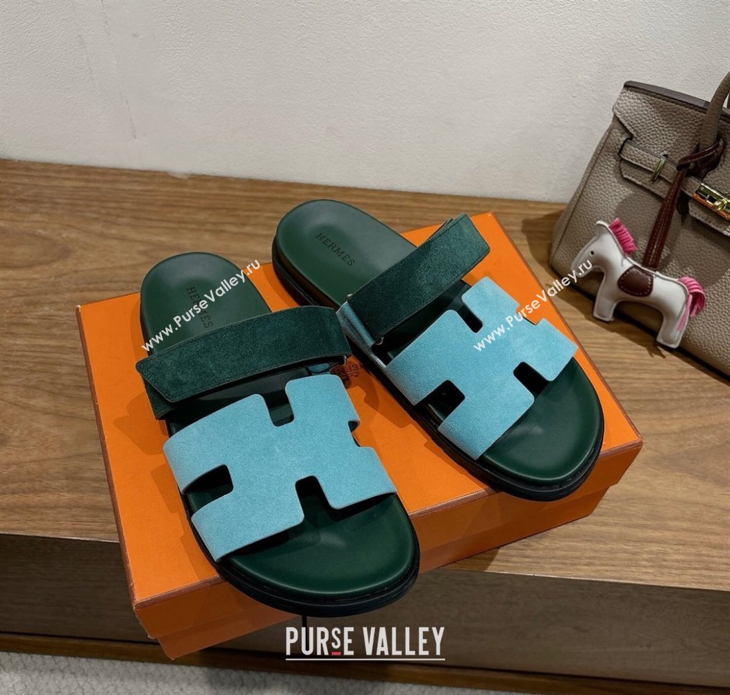Hermes Chypre Slide Sandals in Suede Blue/Green 2025 H082008 (XC-250820075)