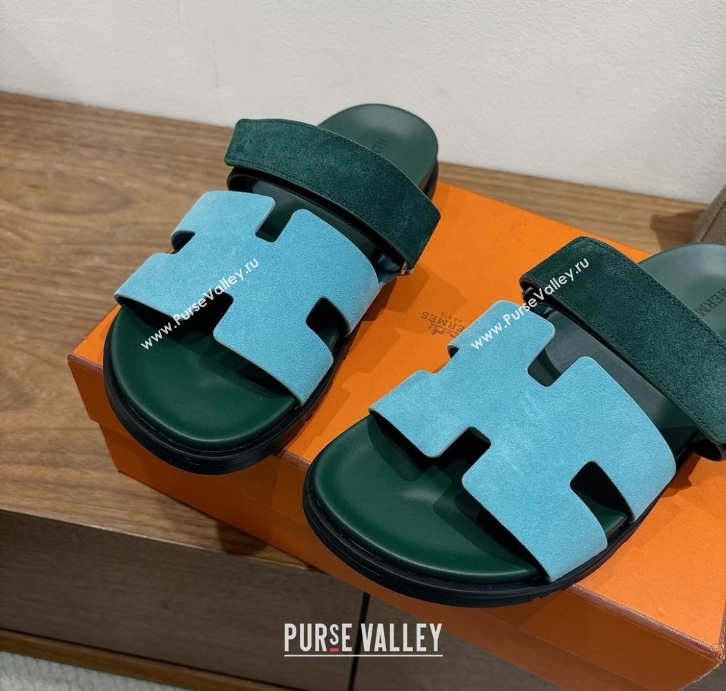 Hermes Chypre Slide Sandals in Suede Blue/Green 2025 H082008 (XC-250820075)