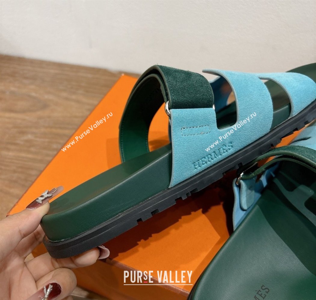 Hermes Chypre Slide Sandals in Suede Blue/Green 2025 H082008 (XC-250820075)