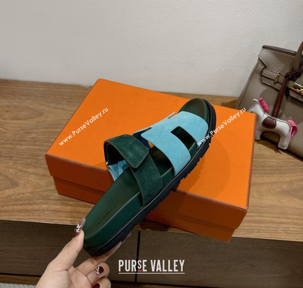 Hermes Chypre Slide Sandals in Suede Blue/Green 2025 H082008 (XC-250820075)