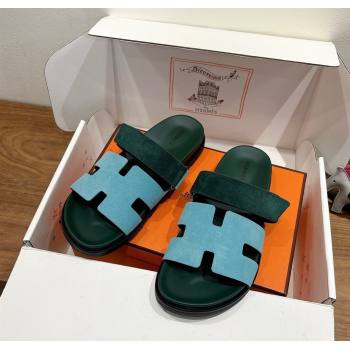 Hermes Chypre Slide Sandals in Suede Blue/Green 2025 H082008 (XC-250820075)