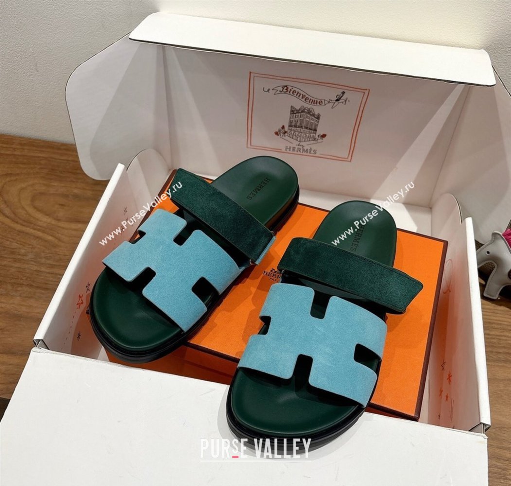 Hermes Chypre Slide Sandals in Suede Blue/Green 2025 H082008 (XC-250820075)